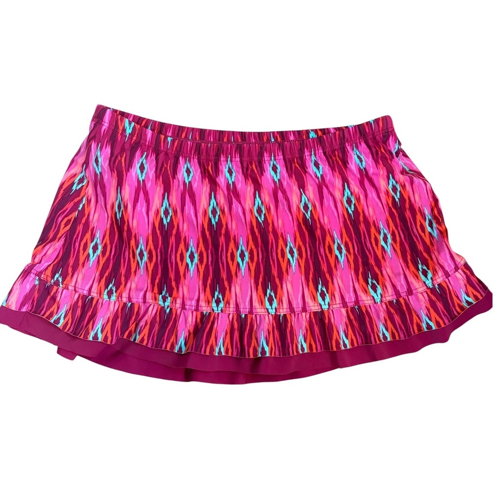 Title Nine Womens Pink Ikat Print Ruffle Swim Skirt with Built-in Brief Size M